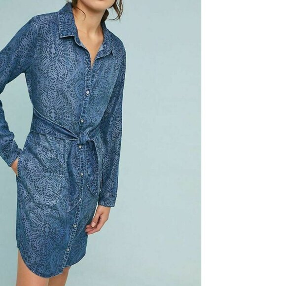 Anthropologie Shirt Dress Small Blue Belted Long Sleeve V-Neck Tencel - Picture 5 of 10